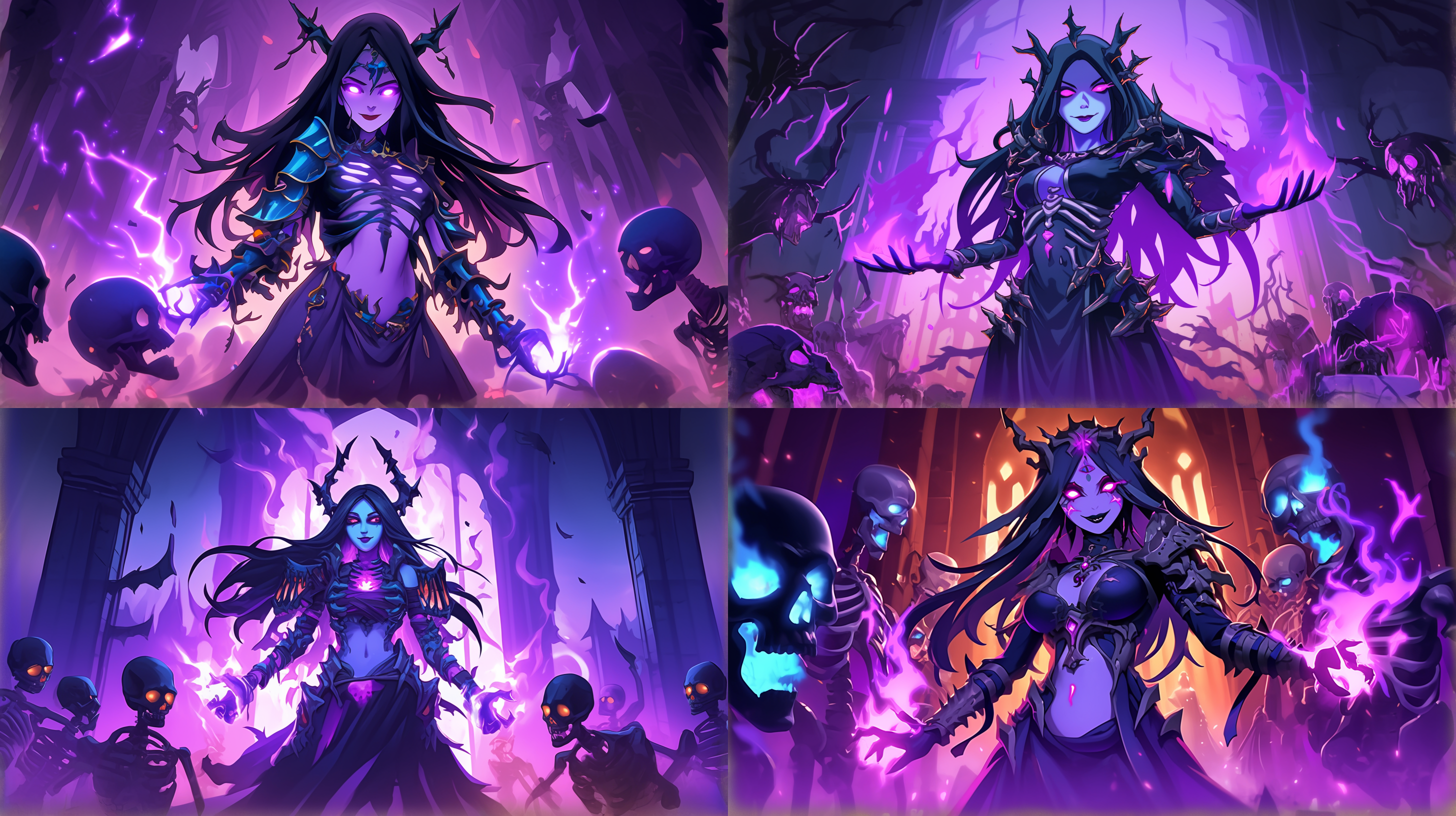 女死灵法师，动画cg艺术，黄光剑风格，4k画质，精致面容红唇，华丽头饰，深邃眼神，细腻肌肤，鬼魂环绕，墓地背景，紫色闪电，暖冷色调对比，细节突出，柔光效果，神秘氛围，站立姿势，肚脐，白色皮肤，骨甲，骷髅，奴役死灵，黑暗神庙，广视角，施法中，死灵之书，仪式，手套，实力强大，冷笑，地狱之门，发光眼珠。