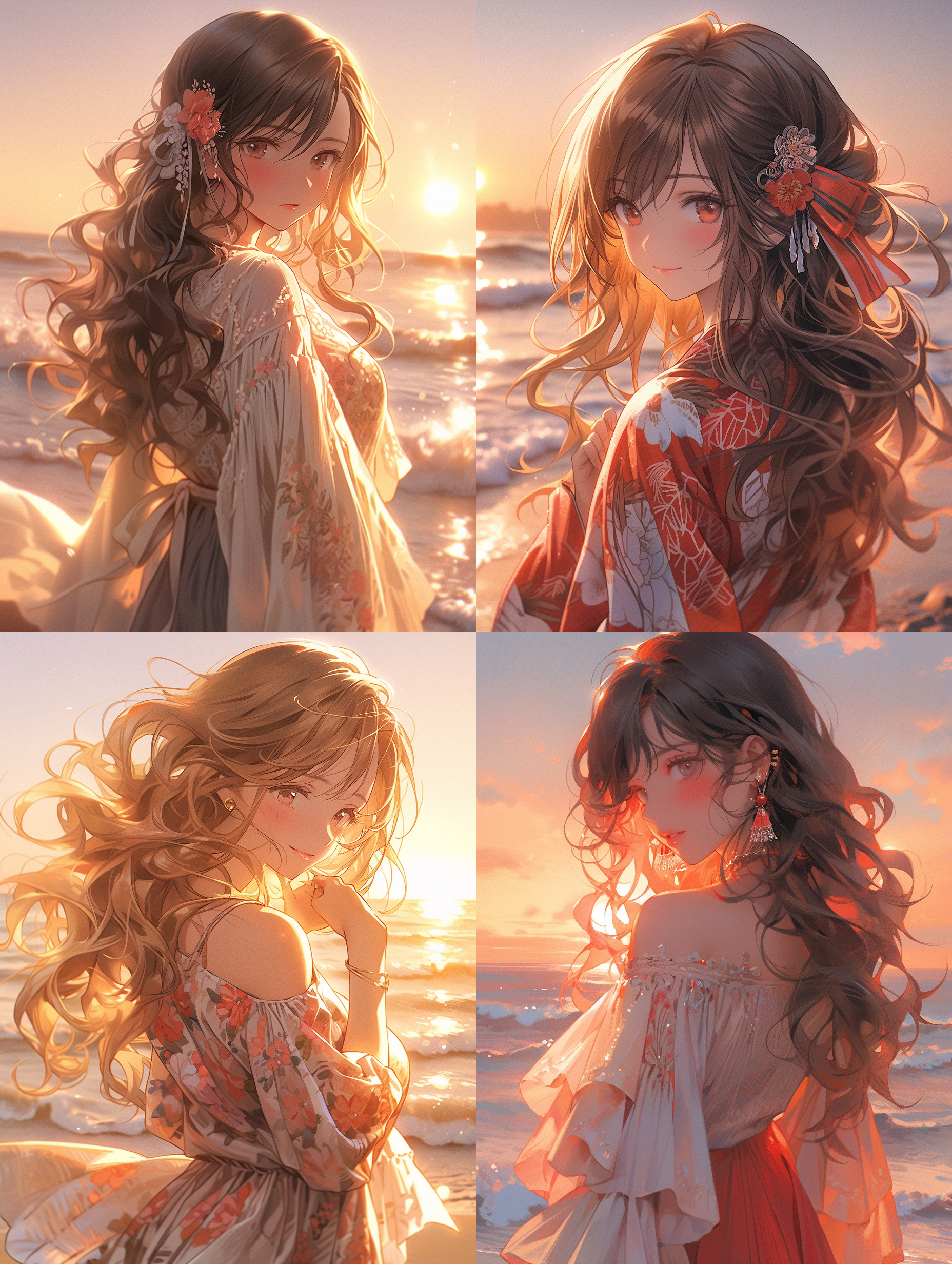 中国女孩卡通形象，长发卷曲，圆脸背影，海边日落，微风轻拂，优雅身姿，丰满高挑，面部细节清晰，摄影风格，超清渲染，柔和光线，温暖色调，宁静氛围。