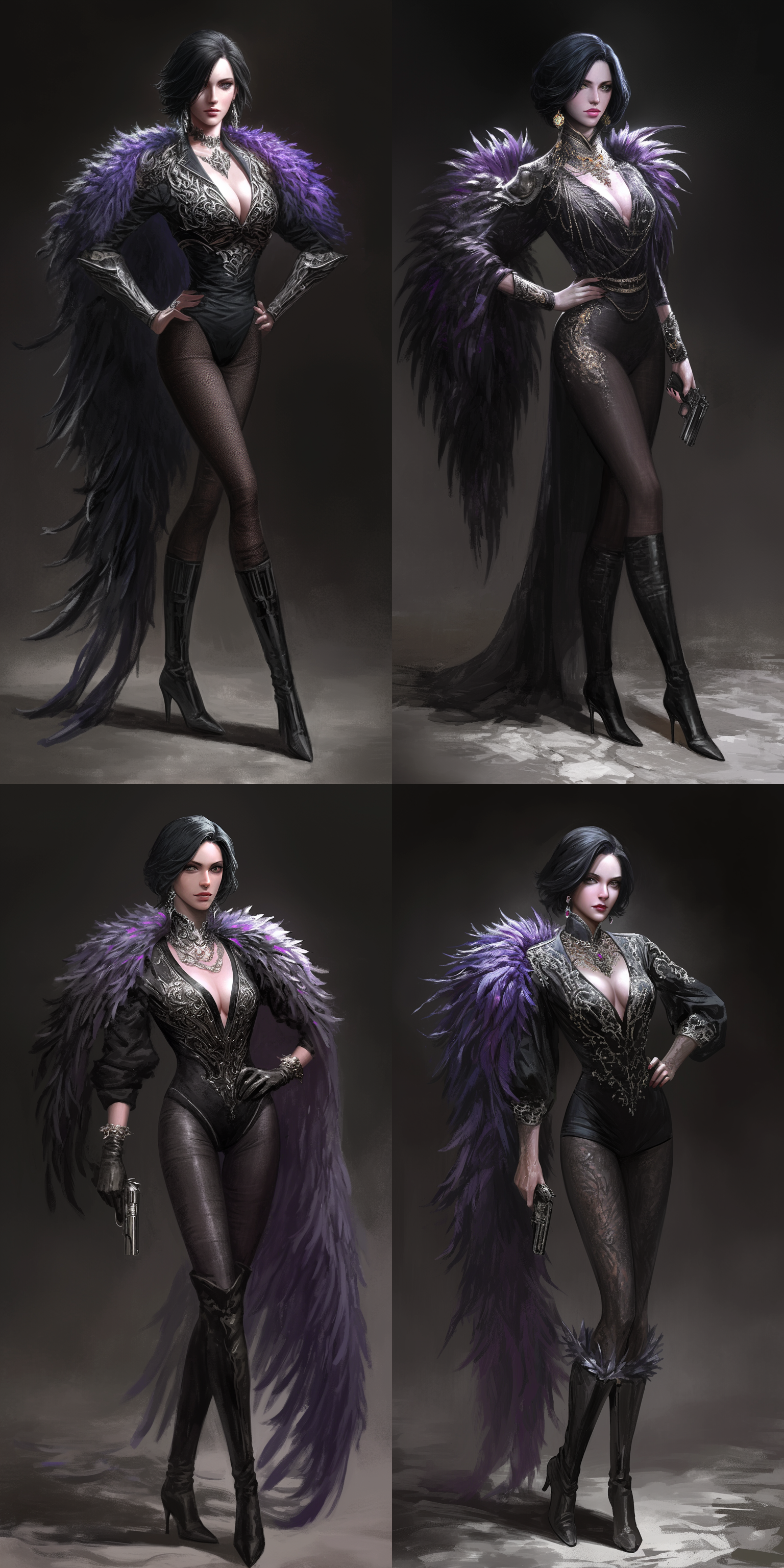 women，完美的身材，齐肩短发，耳饰，黑色毛领飞行员夹克，黑色连体泳装，黑色连裤袜，过膝长靴，pistol，全身，6k，城市废墟