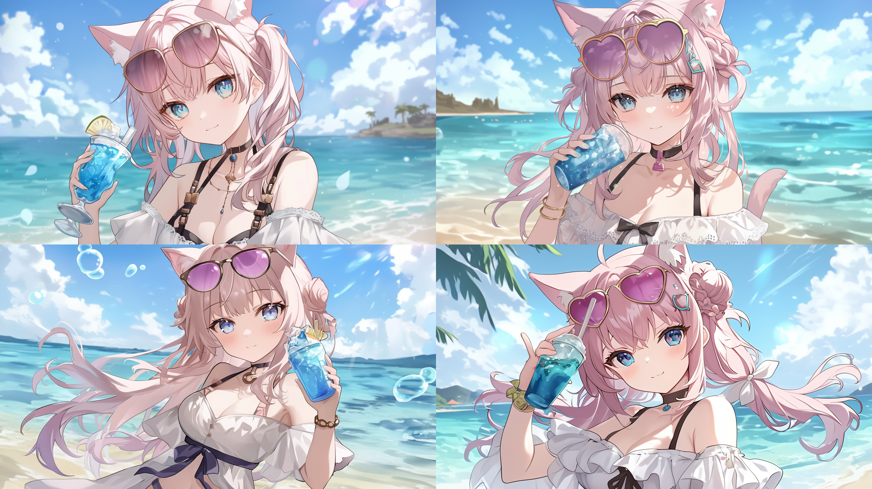 粉色长直发猫娘，齐刘海，蓝色眼睛，海边夏日风情，白色蕾丝泳装，粉色墨镜，手拿蓝色汽水，柔和日光，逆光效果，沙滩背景，清新色调，半身照，微笑表情，自然光，夏日清爽感。