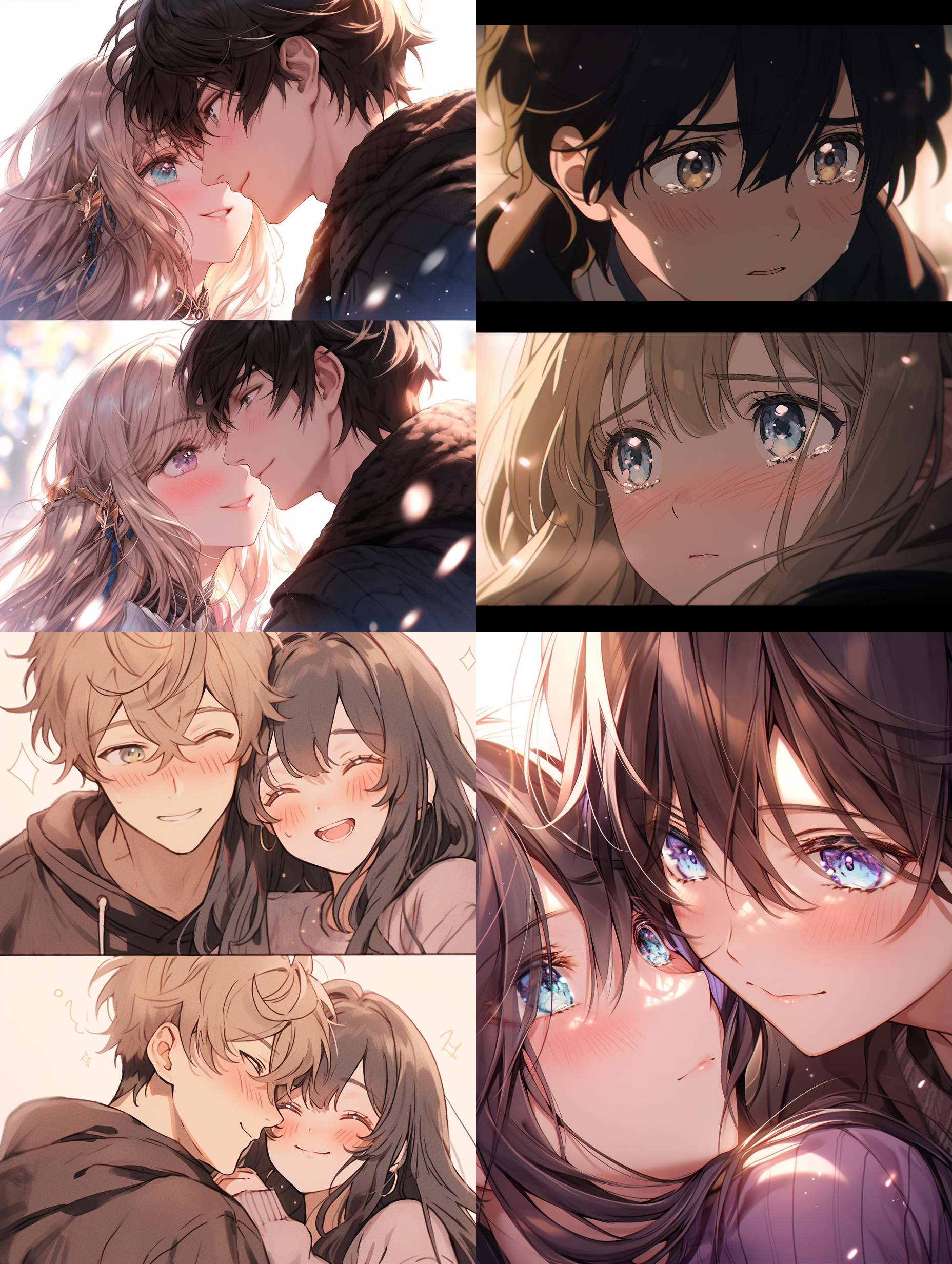 情侣动漫头像特写，肤色白皙冷淡，波浪长发，甜蜜表情，环境光与边缘光，简洁背景，oc渲染，细节完整，高光突出，温柔浪漫氛围，细腻质感，高清壁纸，柔和光线，自然色彩，亲密姿势。