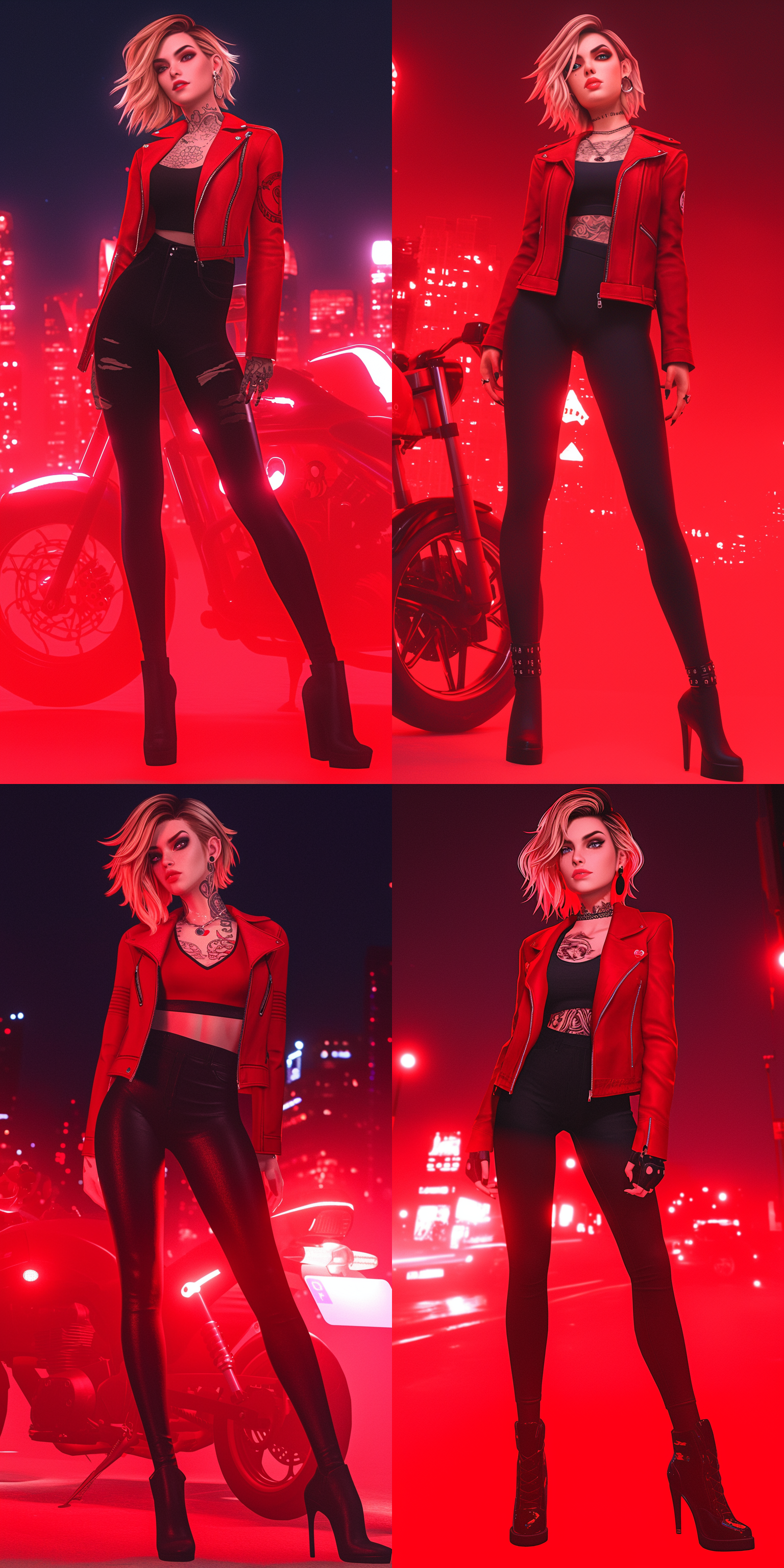 白人美女，完美身材，narcoestética，齐肩短发，纹身，红唇，耳饰，黑色夹克，泳装上衣，黑色裤袜，高跟鞋，立姿，全身，6k，酒吧背景，侠盗猎车 虚幻引擎 三维 oc渲染器