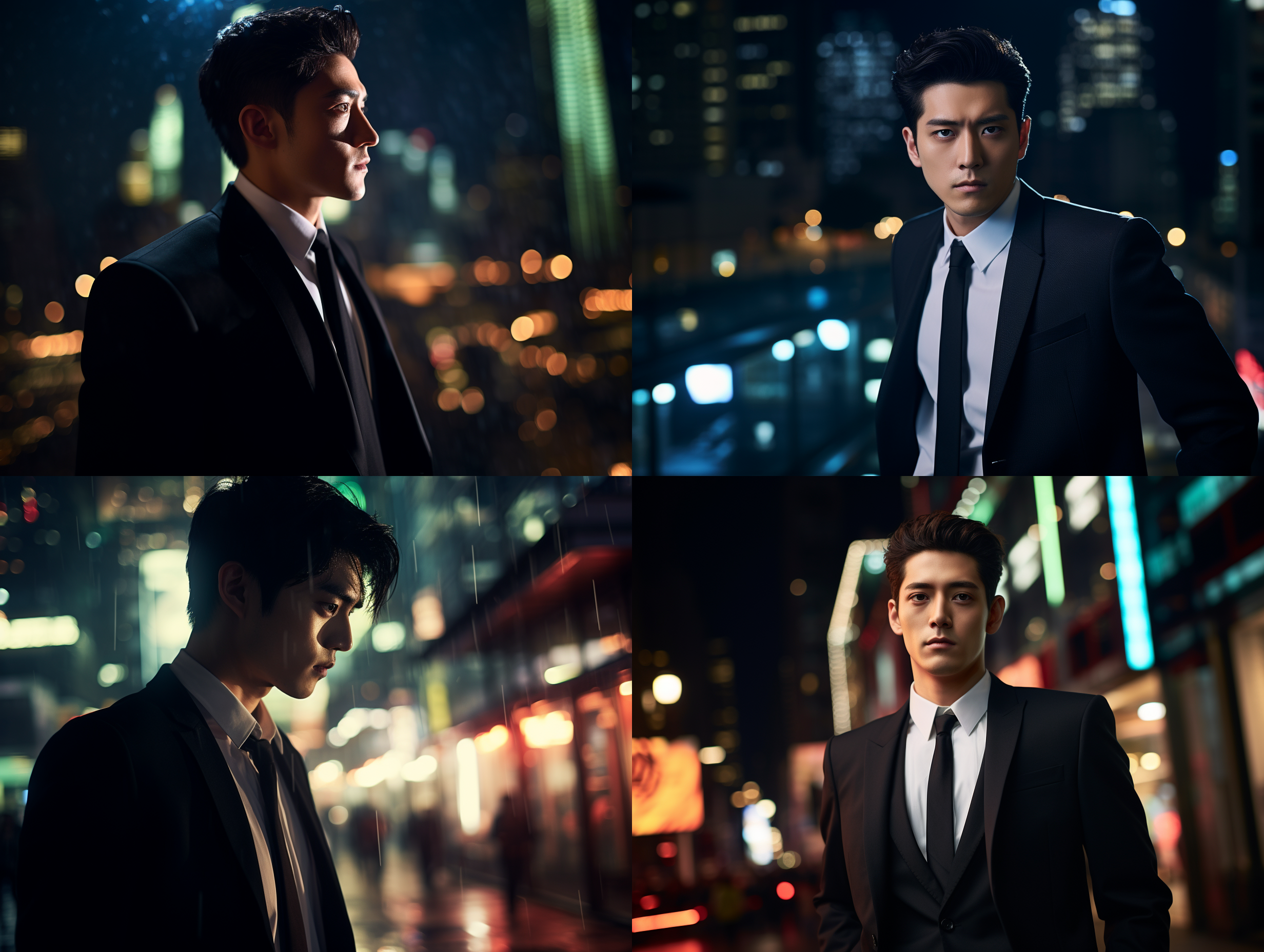 dong yuhui wears a black suit and white shirt, profile, neon city night scene background, high angle view, city lights and shadows, reflections, modern style, side light, bright tones, serious expression. high definition, wide angle lens, snapshot, confident.
