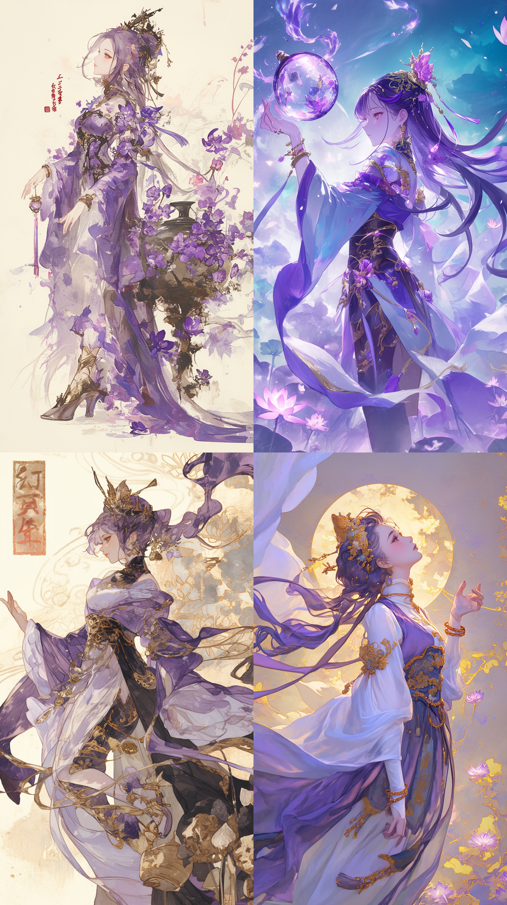 少女，紫发晶瞳，(国画风)，高清细节，(9k分辨率)，侧面视图，绝美容颜，古典气质，独步天下，紫衣飘渺，宽袖流苏，束腰锦带，(玉如意)，(凤冠)，神秘微笑，手持药鼎，(水墨背景)，云雾缭绕，古韵华贵，紫金高跟，足踏莲花，薄纱袜，翡翠镯，(月白长裙)，(轻纱披肩)，曼妙身姿，望天沉思，仙气萦绕，(丹青笔触)。