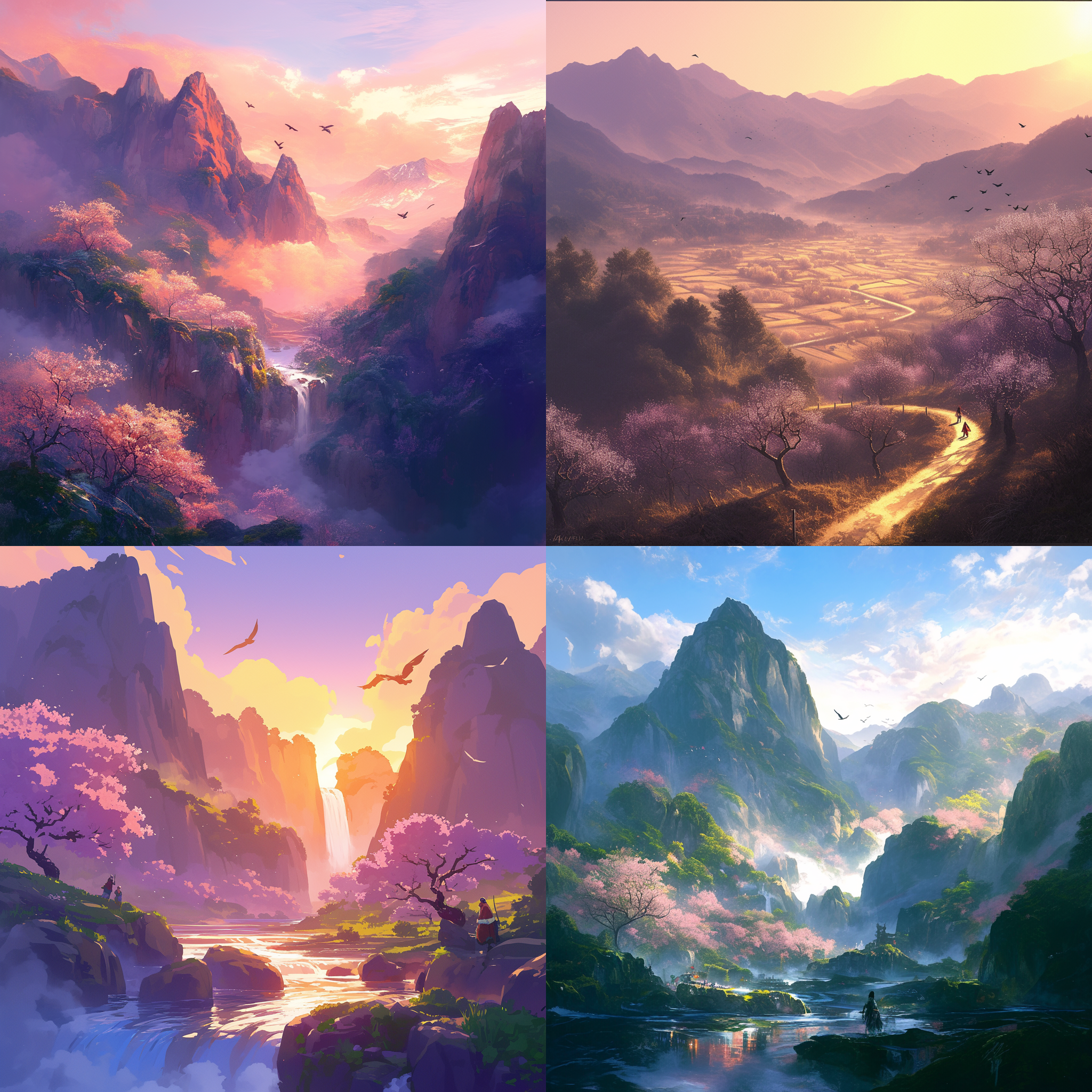 高山峡谷，桃花盛开，薄雾缭绕，溪流潺潺，夕阳余晖洒满山谷，旅人缓步前行，天空映照着傍晚的光辉，鸟儿空中翱翔。广角镜头，逆光，低饱和度，自然光，宁静，长镜头，动态模糊，暖色调，神秘感。