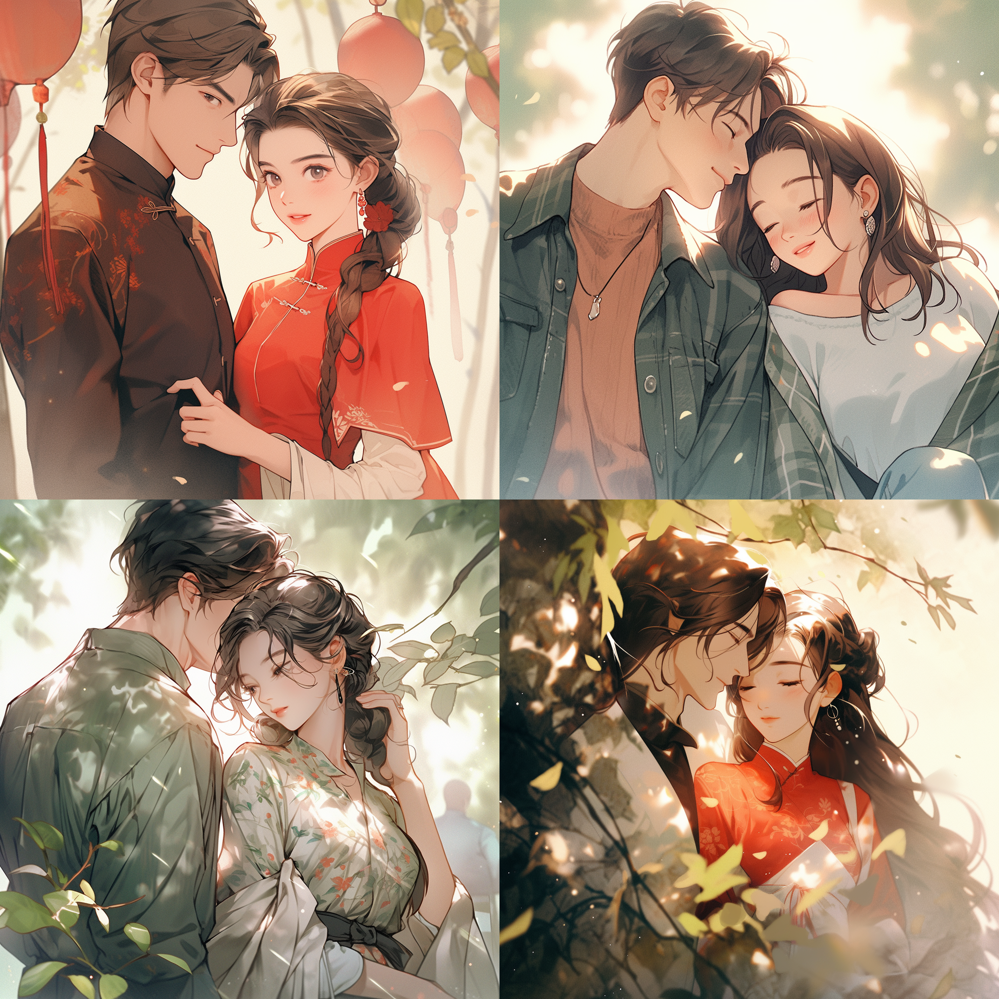 情侣头像，中国青年男女，复古风格，唯美，对称构图，柔和光线，公园背景，中焦镜头，自然光，微笑，亲密，怀旧色彩，浪漫氛围。