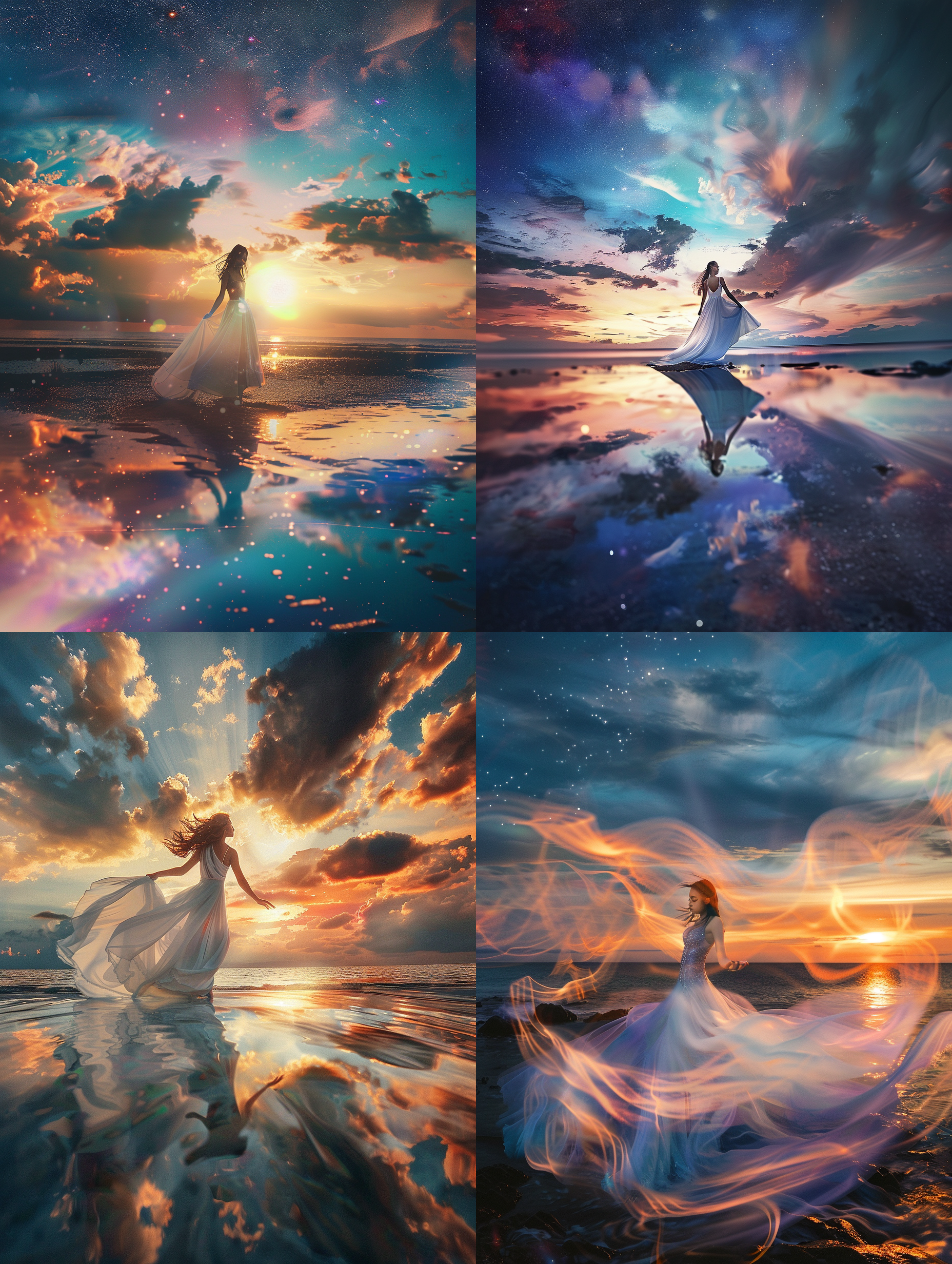this is a shocking photo, large scene, summer evening, colorful sunset, seaside, a woman, bride, long dress, hair skirt flowing, model figure, long legs, elegant posture, dream, water reflection, starry sky, fantasy, super resolution, master photography, multiple exposure, light spot, blur, epic, character front light, character is bright, rainbow, victoria's secret, white silk wedding dress, up view, super wide angle,