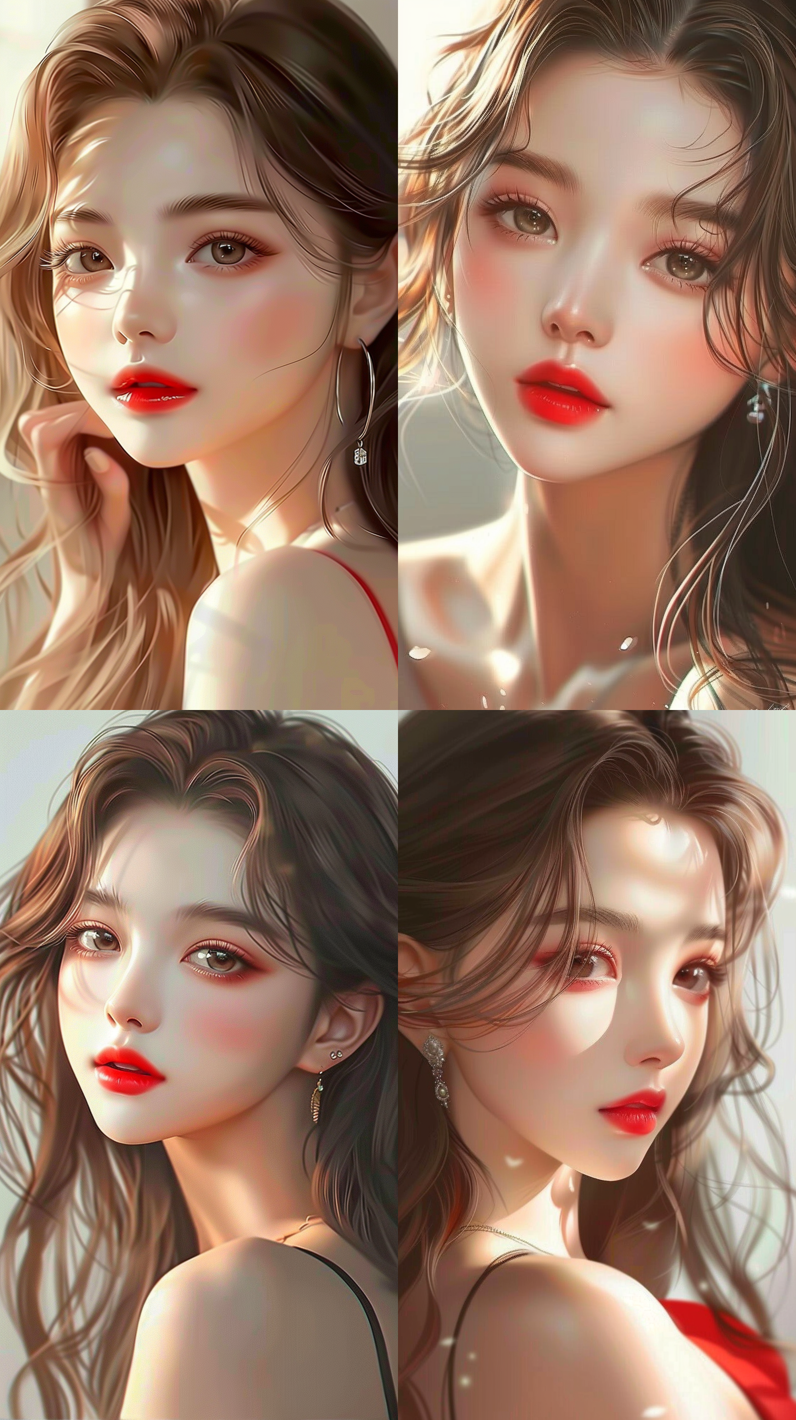 东方美女特写，冷色调背景，脸部打光，阳光柔和洒落，脸部无暇白皙透亮，红唇，冷艳，闪亮浅棕长发披肩，精致五官，宝石般大眼，幸福洋溢，身材比例完美，32k高清壁纸，超高清画质，高清镜头捕捉，vray tracing风格，电影镜头感，自然光，微风，静谧，优雅。