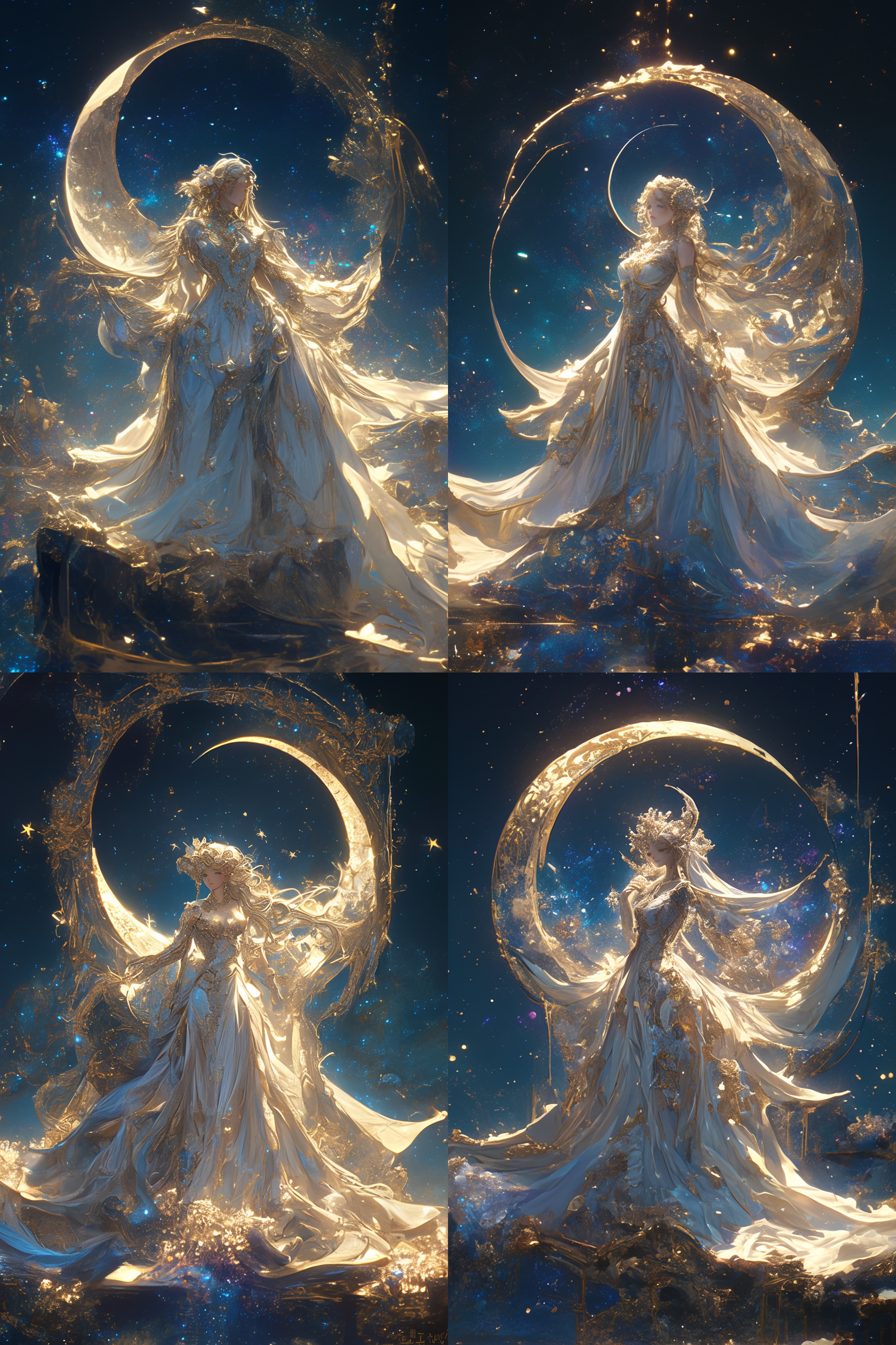 月亮女神，银色长裙，月光下，神秘优雅，半身像，柔和光线，超现实风格，广角镜头，梦幻色彩，宁静表情，星空中，超高清，细节丰富。