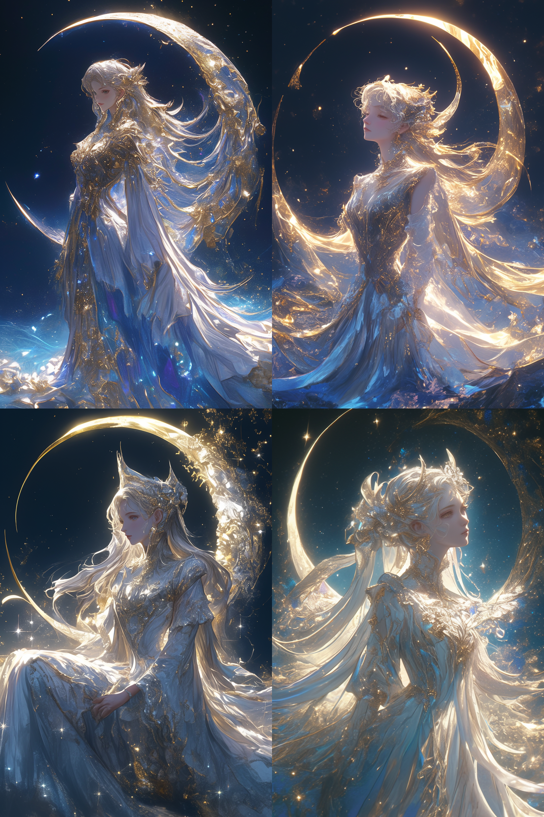 月亮女神，银色长裙，月光下，神秘优雅，半身像，柔和光线，超现实风格，广角镜头，梦幻色彩，宁静表情，星空中，超高清，细节丰富。