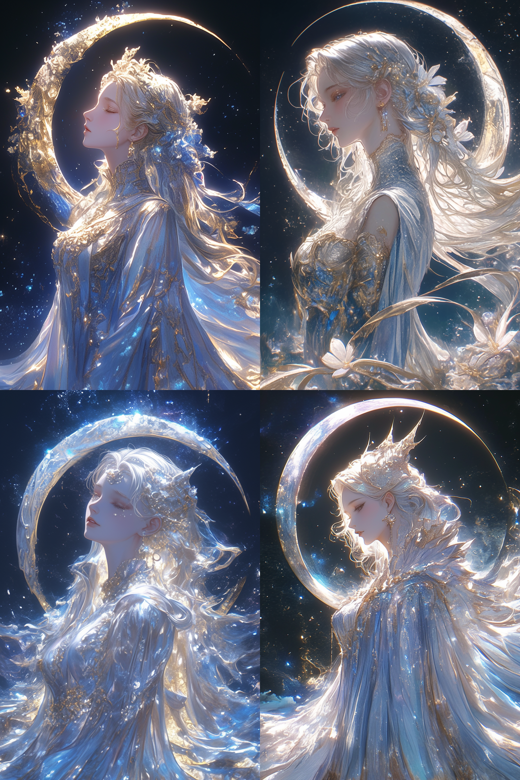 月亮女神，银色长裙，月光下，神秘优雅，半身像，柔和光线，超现实风格，广角镜头，梦幻色彩，宁静表情，星空中，超高清，细节丰富。