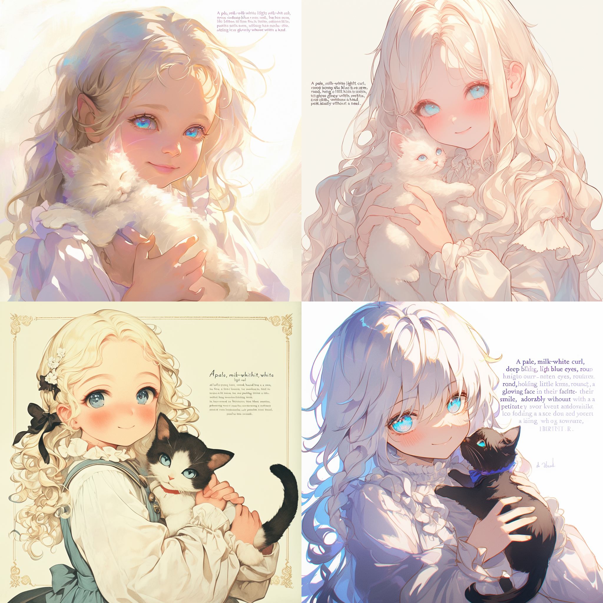 奶白色的淡卷发，湛蓝色的眼睛，圆圆的，手中抱着只小奶猫，脸色洋溢着笑容，小个子，可可爱爱没有脑袋