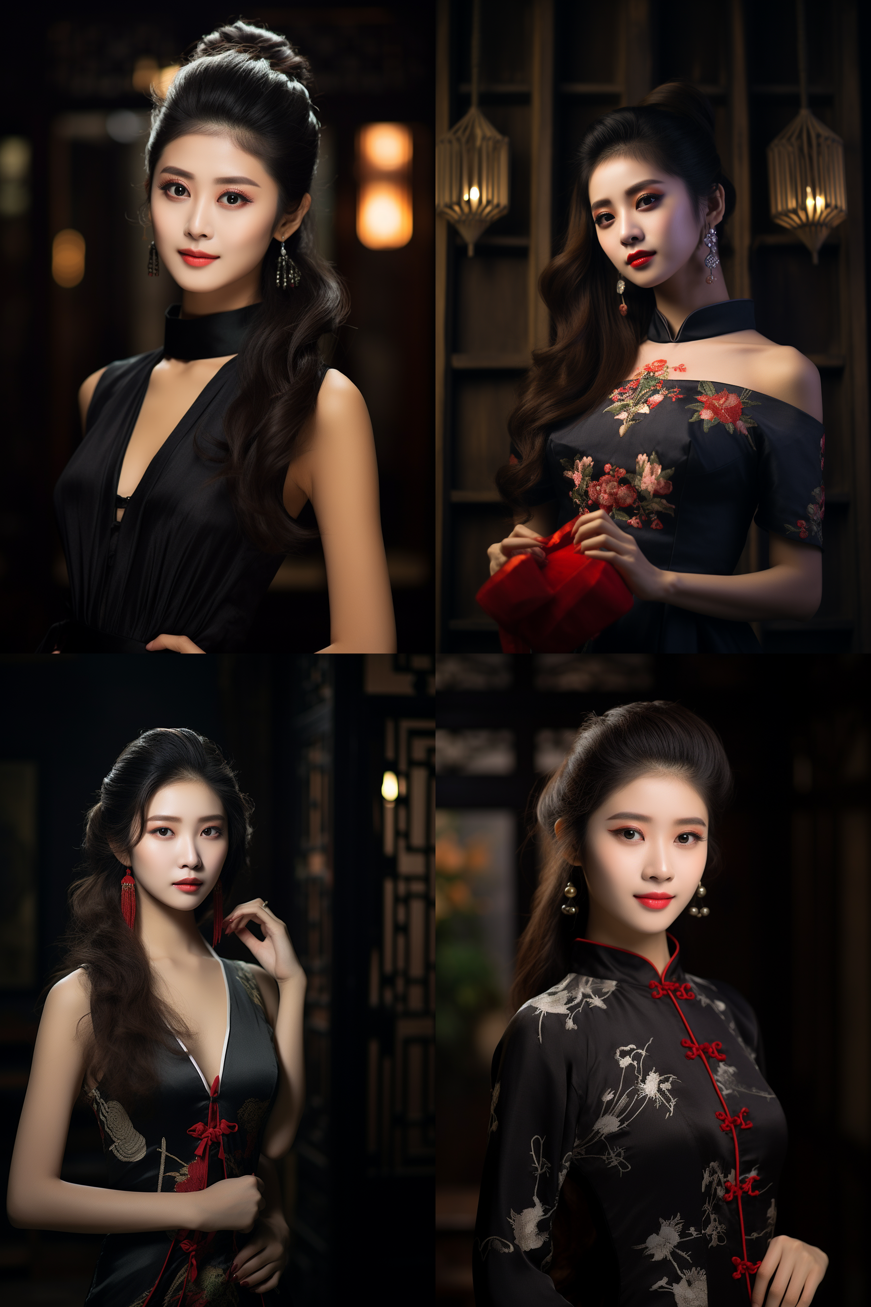 中国顶级美女，披肩长发，黑色旗袍，镂空深v，高挑曲线，鹅蛋脸，精致五官，大眼红唇，甜美微笑，自然光，中景，浅景深，暖色调，柔和光线，轻盈步伐，优雅姿态，肖像摄影，女性魅力，时尚风格。