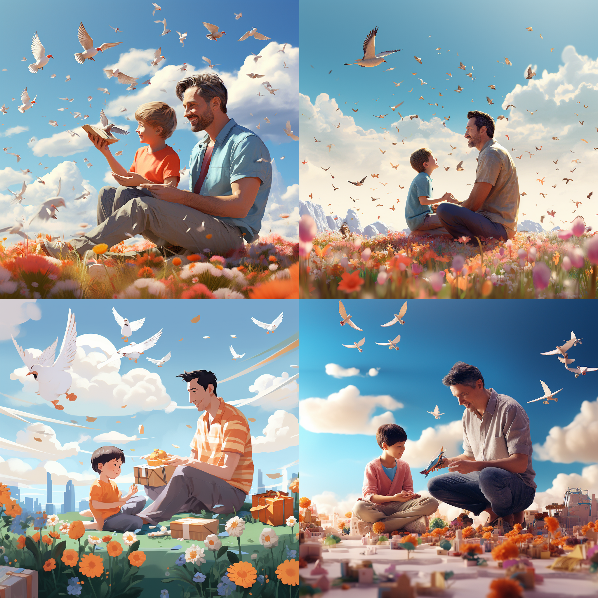 父亲和儿子玩玩具，插画风格，全景图，暖色调，室外，鸟语花香，蓝天白云，温馨，长焦镜头，柔和光线，亲密互动，快乐表情。