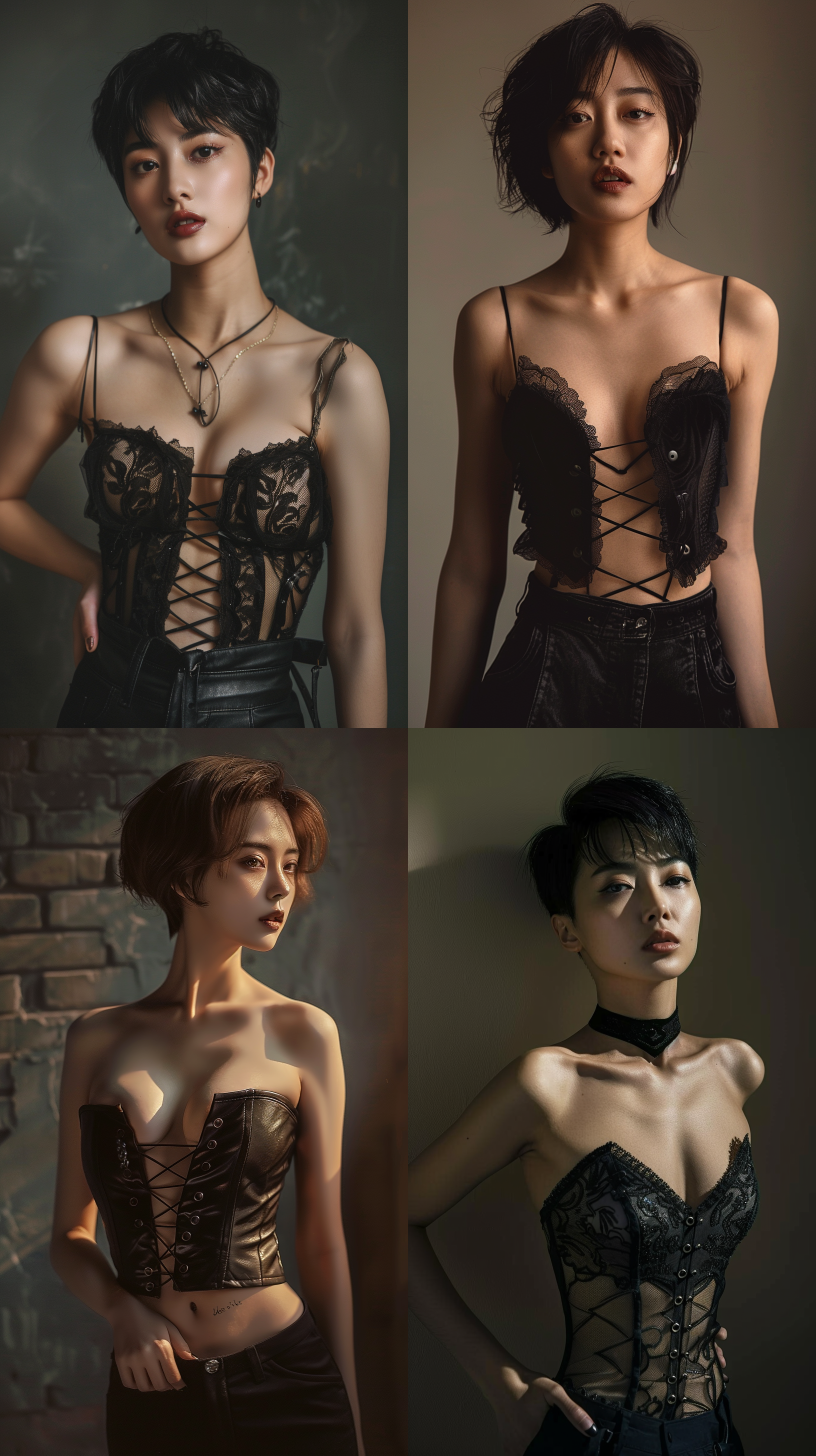 中国女性，紧身衣，紧身裤，露腰，完美身材，短发，皮肤白皙，摄影棚内，硬光，特写镜头，自信表情，高光细节，对比鲜明，时尚感。