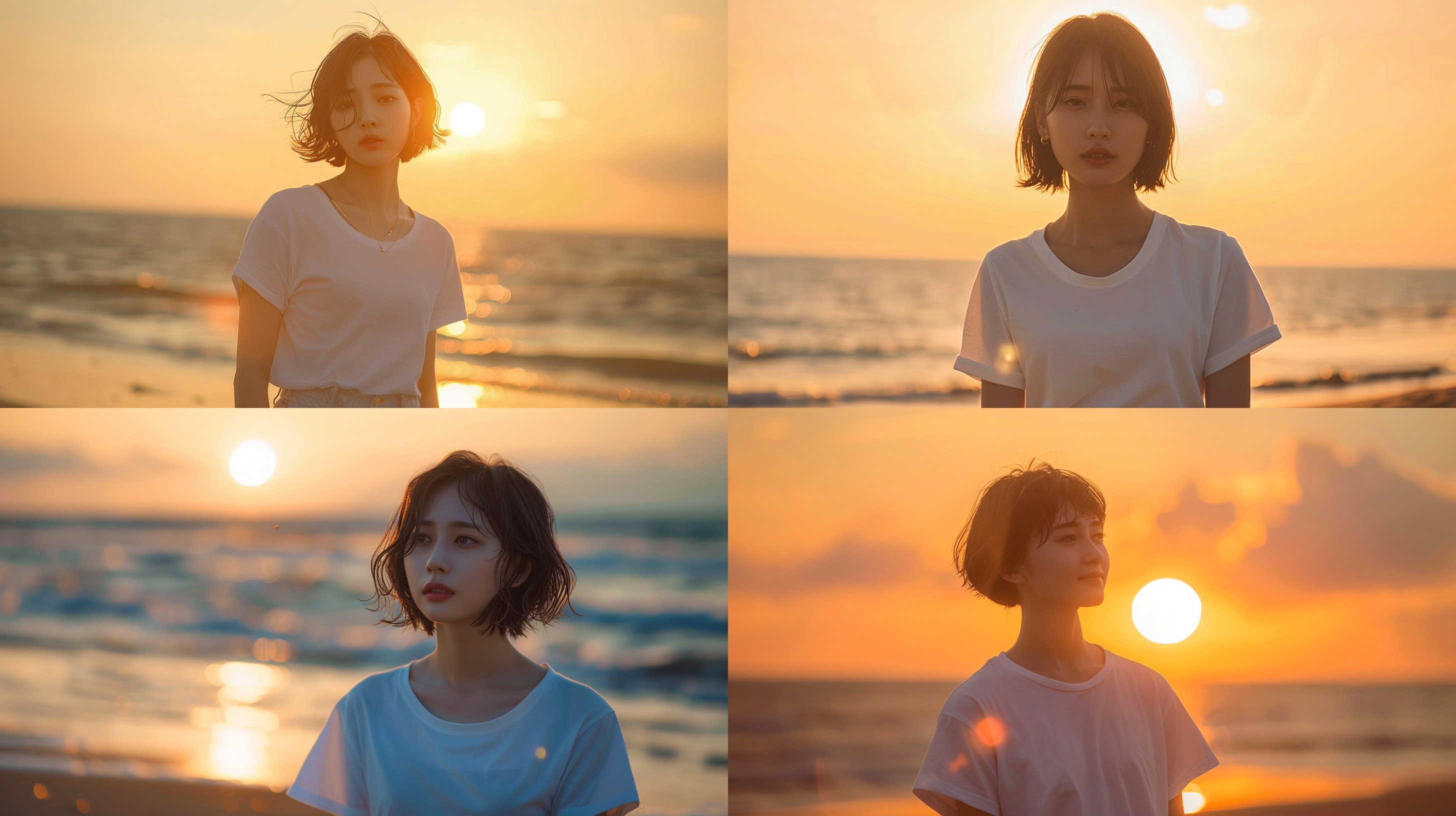 中国女孩全身照，白色t恤，丰满身形，短裤，短发，沙滩背景，大海，逆光拍摄，夕阳余晖，柔光效果，自然光，长焦镜头，温暖色调，宁静表情。