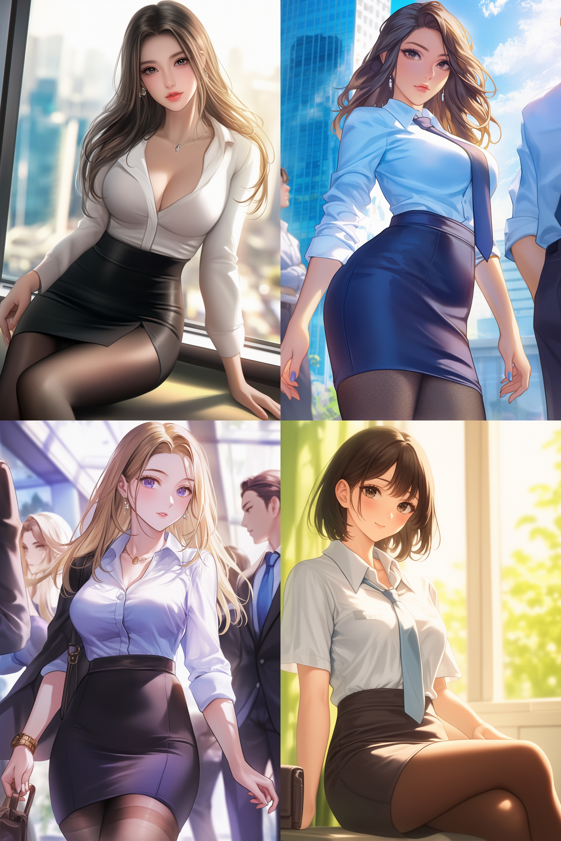 帅哥周围环绕多位身材高挑身穿制服丝袜，包臀裙的富婆美女，妖娆且充满韵味，眼神勾引，低角度拍摄，画面颜色丰富，广角镜头，背光，模糊背景，突出主体，神秘，诱惑。