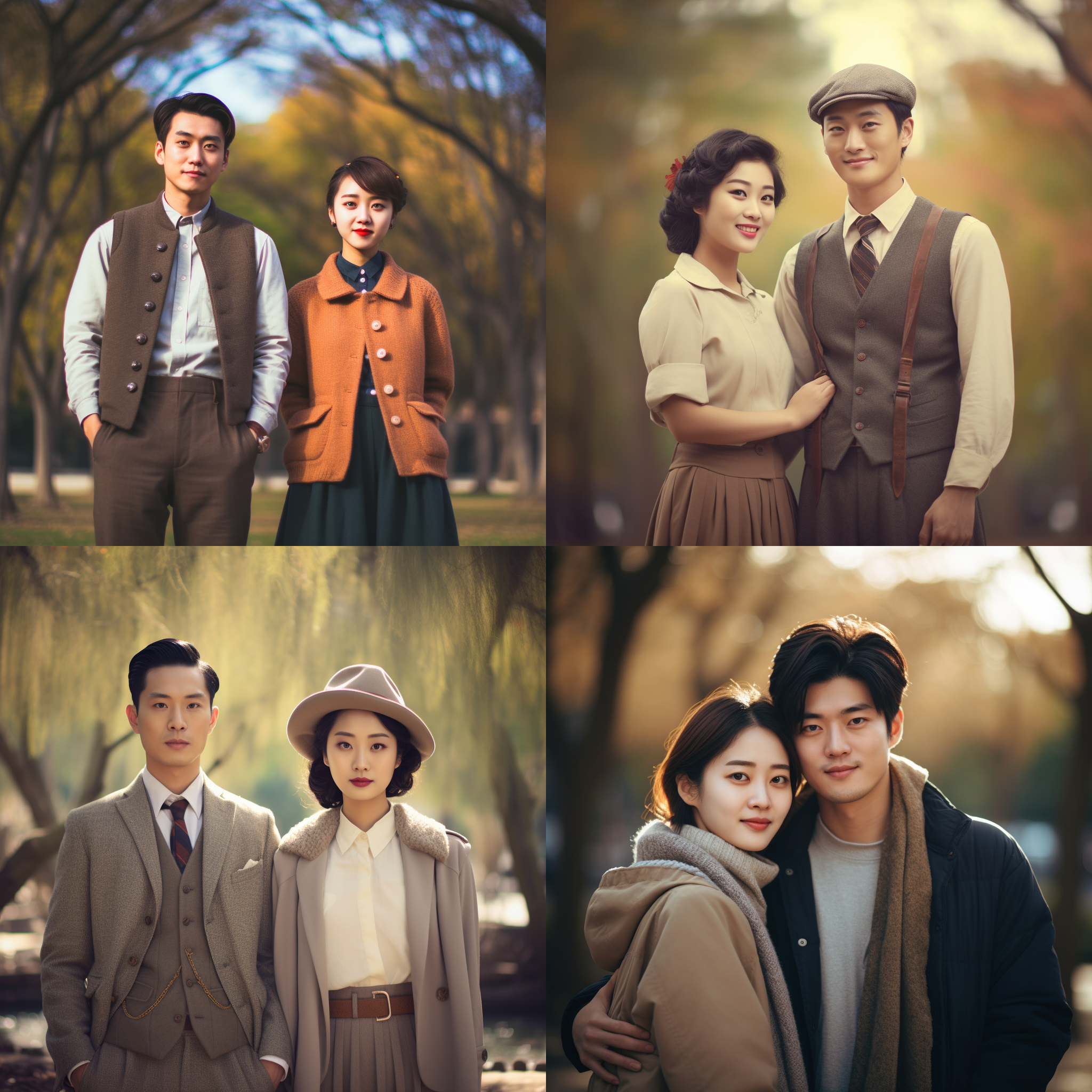 情侣头像，中国青年男，复古风格，唯美，对称构图，柔和光线，公园背景，中焦镜头，自然光，微笑，亲密，怀旧色彩，浪漫氛围。