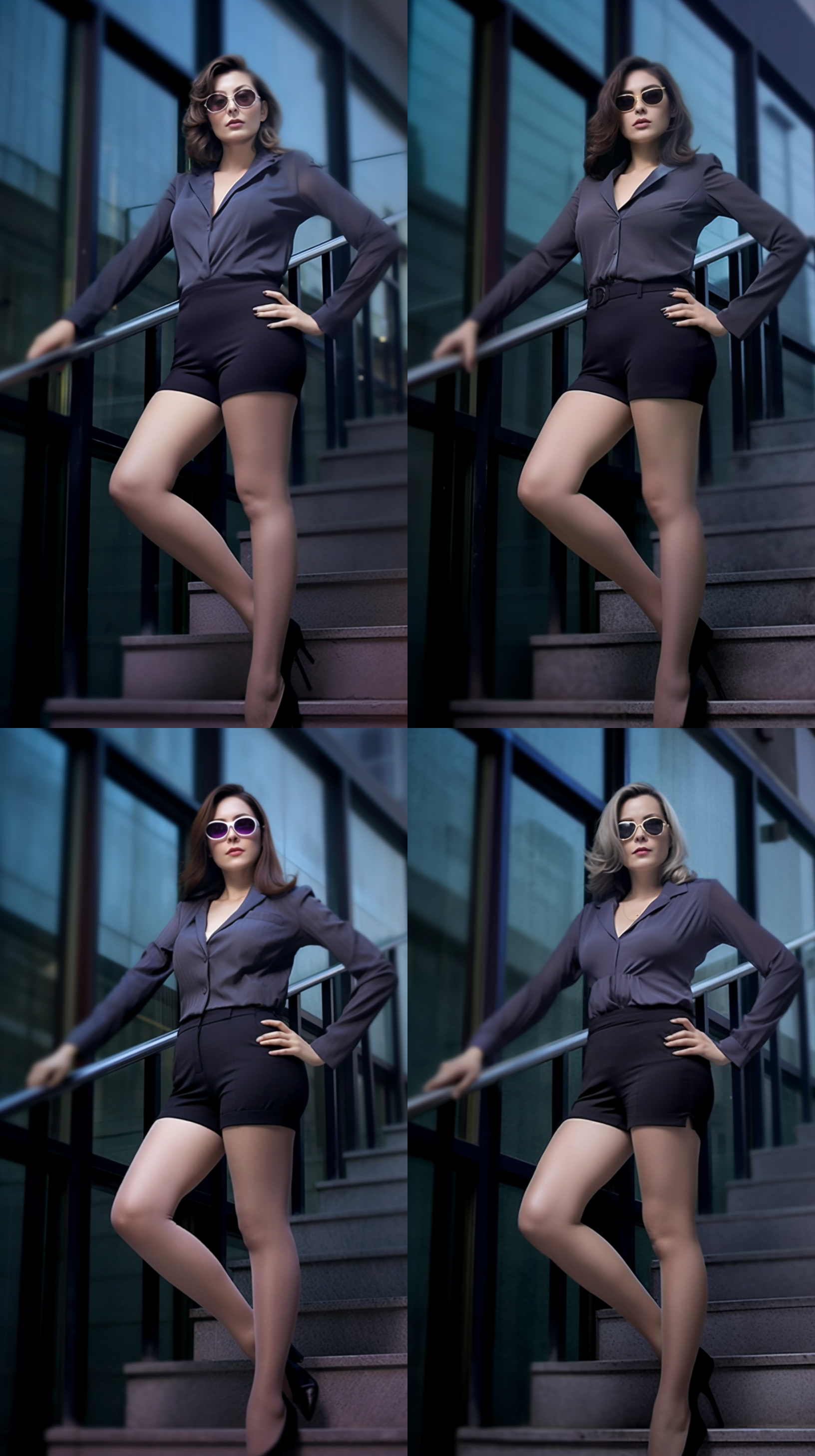 成熟美，35岁，高挑，台阶上站立，丰满身材，惊艳外貌，职业装，油润肌肤，自然光，中景，柔和色调，正面视角，优雅姿态，自信表情，城市背景，细腻质感，专业摄影。