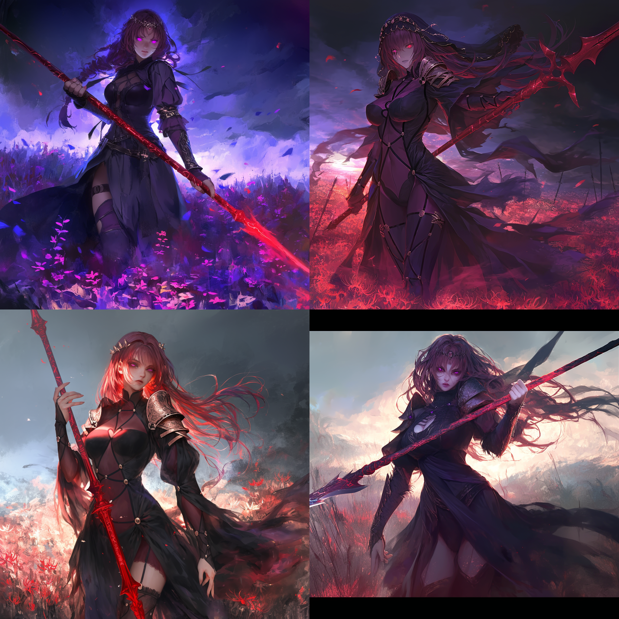 凯尔特神话，手持暗红长枪，年轻女性，盗贼刺客装，幽冥王冠，死灵国度，卢恩魔法纹路，薄纱服饰，坚定邪魅目光，斯卡哈原型，精致妆容，紫色瞳孔，投掷动作，动态背景，彼岸花海，亡者国度，对角线构图，高对比度，暗色调，广角镜头，侧光，快速快门，跳跃，紧张，神秘。