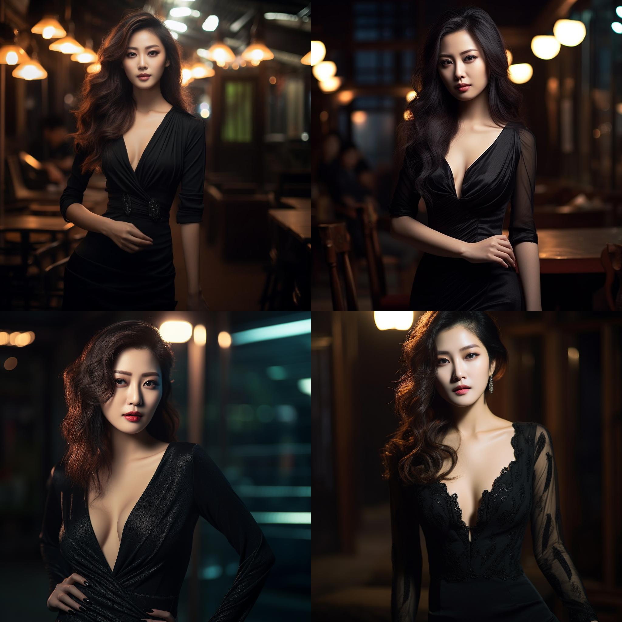 中国美女，身材丰满，黑色深v礼服，写真风格，侧面半身照，电影镜头，柔和光线，高质感，优雅姿态，深邃眼神，背景虚化，暗色调，神秘感。