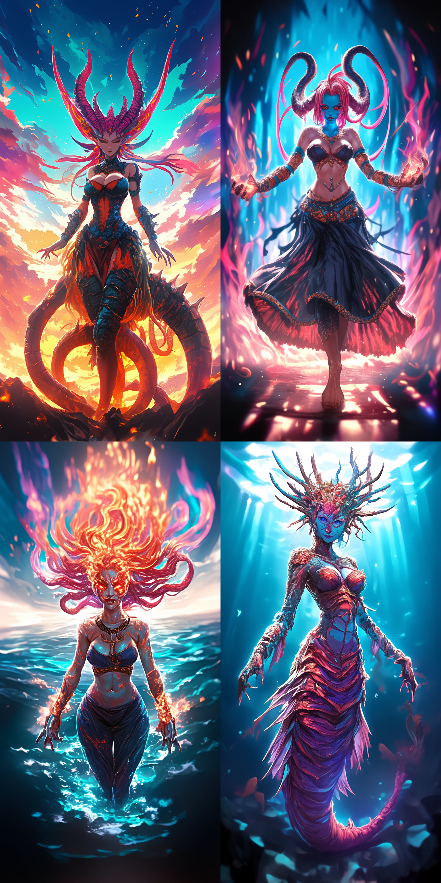 海德拉女神，炽热身材，赫卡特，神秘氛围，神话风格，海洋背景，超广角镜头，柔光，动态姿态，蛇发，深海蓝调，威严。