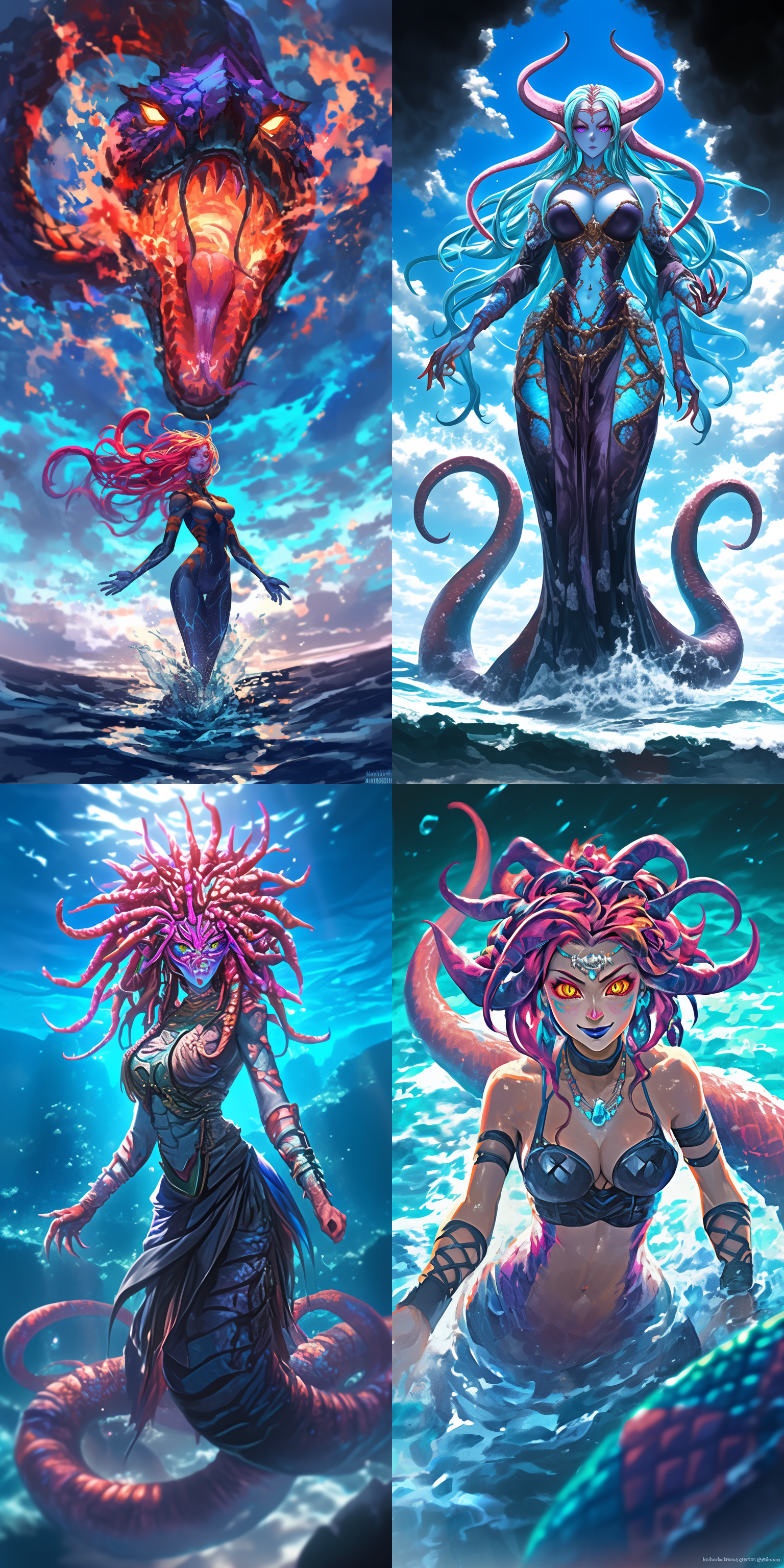 海德拉女神，炽热身材，赫卡特，神秘氛围，神话风格，海洋背景，超广角镜头，柔光，动态姿态，蛇发，深海蓝调，威严。