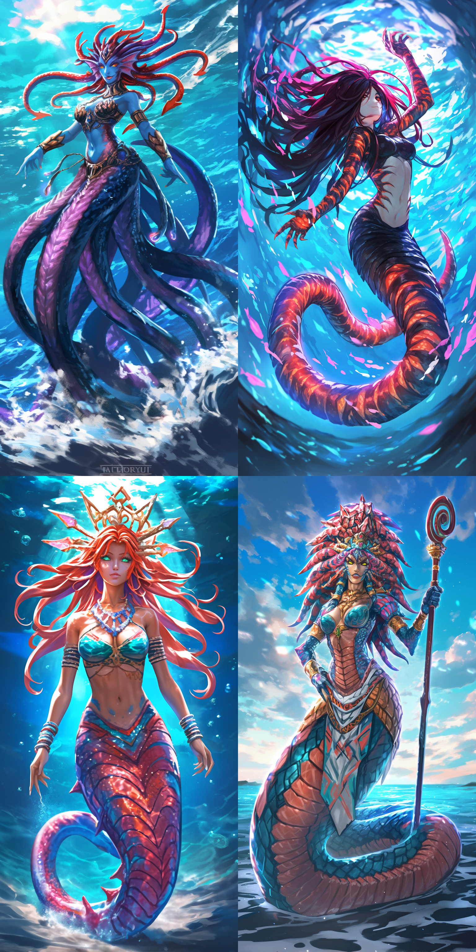 海德拉女神，炽热身材，赫卡特，神秘氛围，神话风格，海洋背景，超广角镜头，柔光，动态姿态，蛇发，深海蓝调，威严。