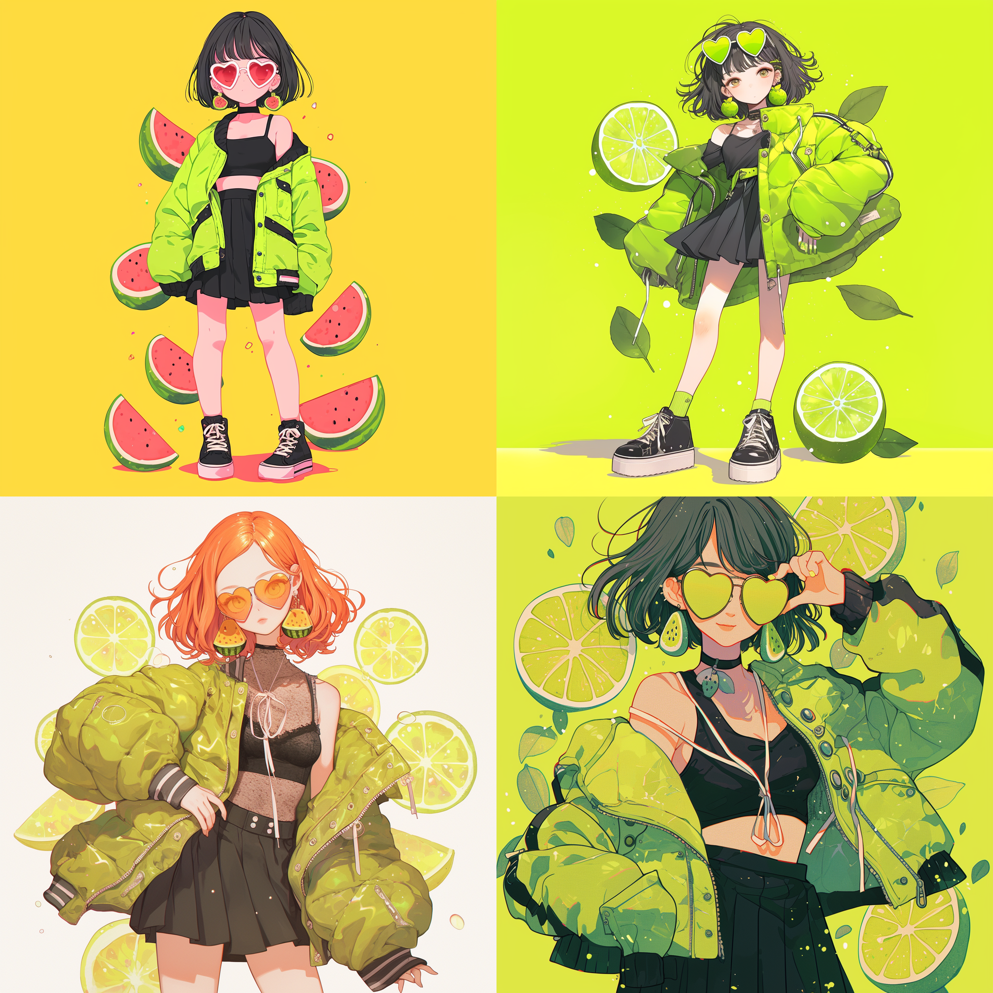 齐肩短发， 可爱俏皮的表情，头戴心形太阳镜， 佩戴卡通西瓜耳坠 ，身穿黑色紧身吊带背心 ， 抹茶绿的外套酷酷的穿在身上 ， 下装穿黑色百褶裙 ，高挑修长的身材，凹凸有致， 穿黑色高帮皮鞋，皮鞋是白色的绳子绑了一个蝴蝶结，四周有墨绿色的柠檬点缀，也有切开的柠檬。 超高清 ，超细节， 酷酷的亚洲女孩，宫崎骏现代风。
