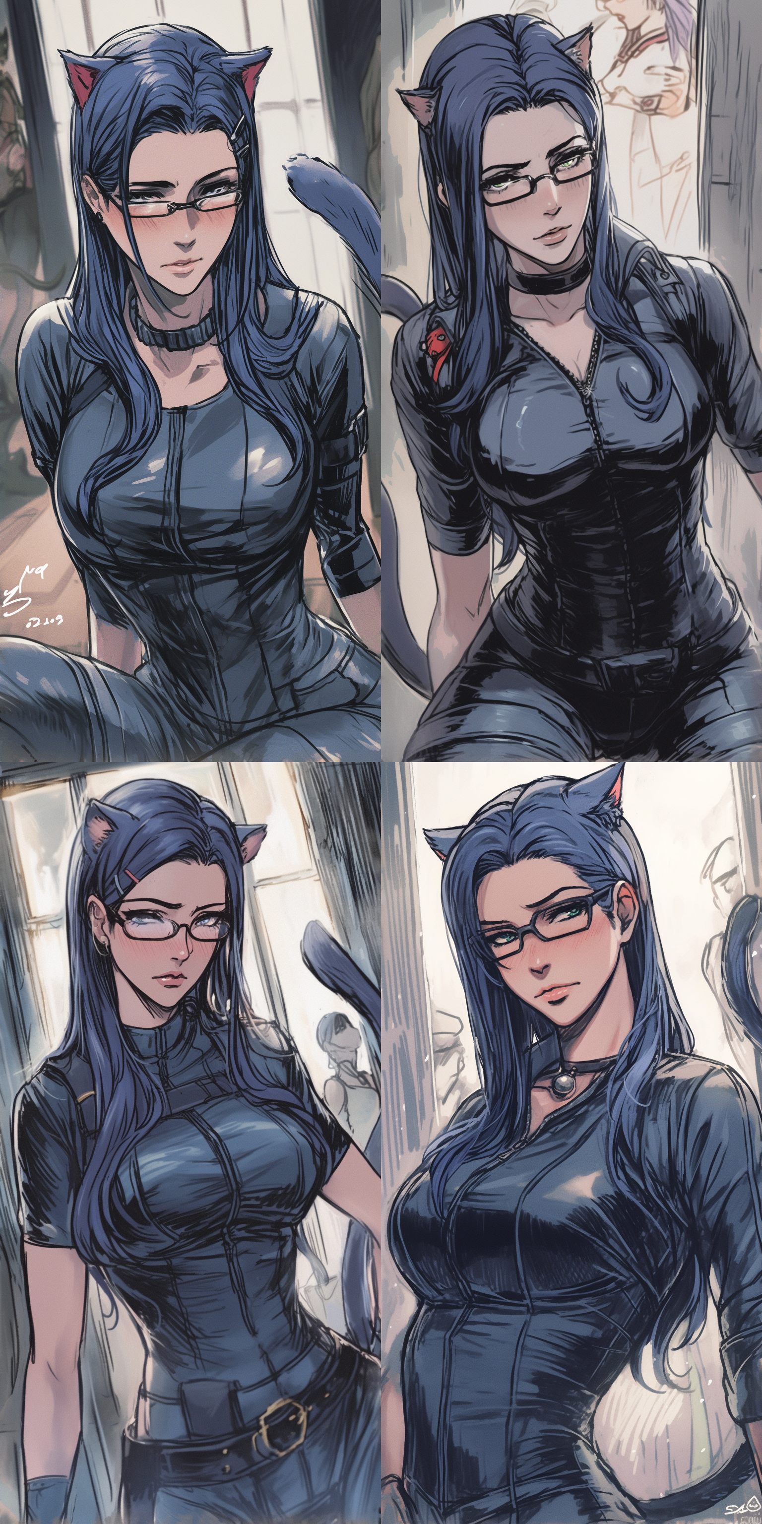 特工美少女，身材火辣，黑色长发，猫爬，直发，秘密特工，黑色紧身胶衣，神秘，女性魅力，可爱，硬光，高光，荧光，霓虹光，轮廓光，梦幻氛围，侧光，猫耳朵，猫尾巴，