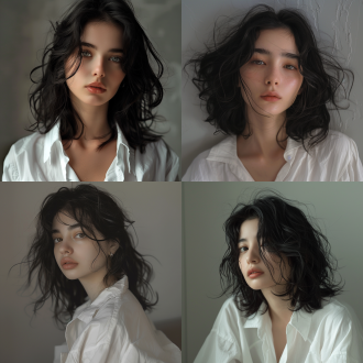 8k,raw photo,best quality,hp,sim,girl,wavy black hair,shoulder-length,white shirt,minimalism,soft lighting,close-up,natural appearance,dark hair,casual wear,slight head turn,visible ears,earrings,neutral background,observational photography,indoor,medium lens,natural texture,easy setting,black lines,art,portrait style,
