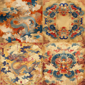 dunhuang art style illustration, a magnificent nine-colored chinese loong surrounded by auspicious clouds, extremely delicate brushstrokes, soft and smooth, china red and indigo, golden background