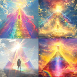 hyperrealistic rainbow angel person standing in front of sun on top of a sky prism pyramid