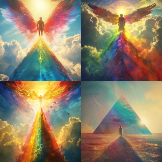 hyperrealistic rainbow angel person standing in front of sun on top of a sky prism pyramid