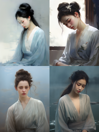 sorrowful song dynasty woman, half-body portrait, traditional song dynasty dress, lightweight beizi robe, flowing skirt, floral embroidery, high bun, elegant hairpins, tears flowing down her cheeks, glistening under soft light, sad expression, misty background, muted tones, pale blue and ivory, chinese ink painting style, delicate brush strokes, melancholic mood