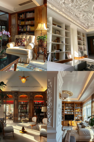 墙面石膏线装饰，法式风格，对称布局，细腻雕刻，客厅，暖色调，广角镜头，柔和光线，细节丰富，优雅，温馨。