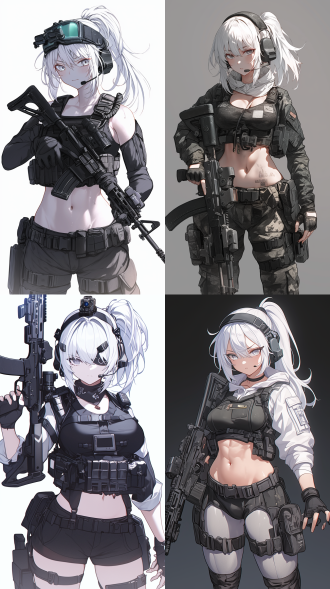 战术风格少女，白色单马尾，灰白色瞳孔，银白色睫毛，蓬头垢面，冷峻神色，黑色模块化战术头盔附夜视仪，头戴战术耳机，白色绷带裹胸，黑色轻型战术背心，肚脐，马甲线，黑色露指手套，黑色高级战术腰带，手持ak-47突击步枪，专业战术动作，一手举枪一手握拳举高，动漫风格，二次元画风，电影画质，电影调色，高对比度，冷色调，广角镜头，侧光，快速快门，动态，紧张，专业。