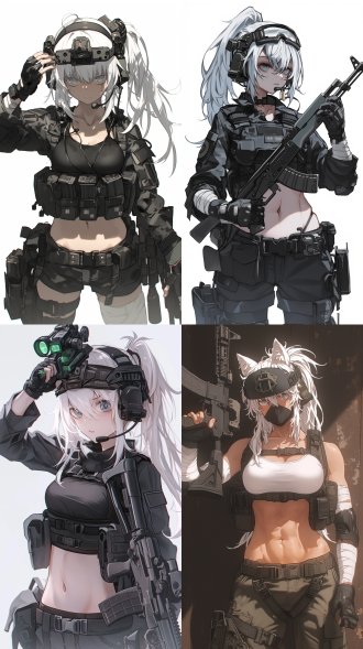 战术风格少女，白色单马尾，灰白色瞳孔，银白色睫毛，蓬头垢面，冷峻神色，黑色模块化战术头盔附夜视仪，头戴战术耳机，白色绷带裹胸，黑色轻型战术背心，肚脐，马甲线，黑色露指手套，黑色高级战术腰带，绑在腰上的黑色战术外套，手持ak-47突击步枪，专业战术动作，一手举枪一手握拳举高，动漫风格，二次元画风，电影画质，电影调色，高对比度，暗色调，广角镜头，侧光，快速快门，紧张，专注。