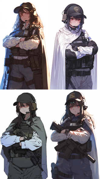少女，黑色鸭舌帽，棕色战术耳机带麦，黑色披肩长发，红褐色死鱼眼，不屑表情，人物俯视镜头，白灰色防尘斗篷，白色长衫内衬，高领灰黑色冲锋衣，深蓝色警用防弹背心，黑色战术腰带，扎紧的深蓝色工装裤，黑色护膝，黑色皮质军靴，双手环抱，背一把awp狙击步枪。