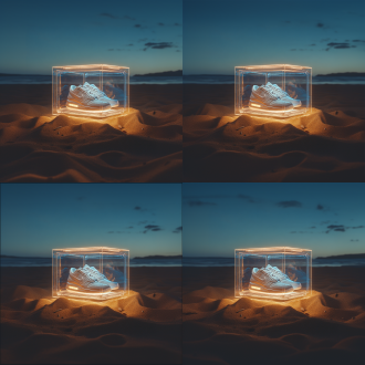 一只运动鞋放置在正方形玻璃容器里面，玻璃容器悬浮在沙地上方， 第一人视角 钛 氛围感照明 工作室照明