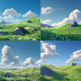 flat matte painting, grass and flowers, nintendo clouds, bravely default inspired, from lorax movie, inspired by leon wyczółkowski, by senior environment artist, terrain,