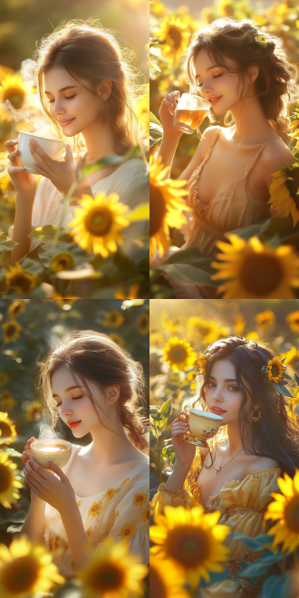 一位美丽的女士在向日葵边喝茶，暖洋洋的光线洒下，女士面带微笑，微微低头，充满魅力，全景镜头，真实风格，高画质。