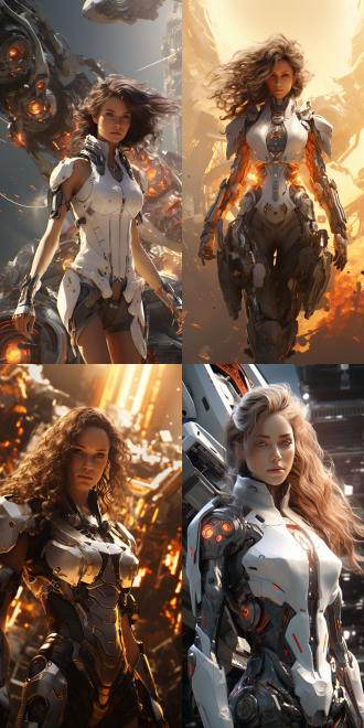 机械，白金，机甲，女性，角色，微距，过度曝光，虚幻引擎，cg，3d渲染，8k，光追渲染，透光，丰富的光影，丰富的细节，最佳的角度，全景，身后是正在燃烧坠落的星际战舰。