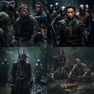 深山雨天，唐朝公主墓前，侍卫昏倒泥浆中，深林环绕，阴暗氛围，古风服饰，泥泞地面，广角镜头，低角度拍摄，阴天光线，沉重情绪。