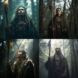 年轻男性萨满祭司，神秘森林背景，长袍饰有图腾，面部表情专注，手持法杖，仰望天空，广角镜头，自然光，柔和色调，神秘氛围，力量感。