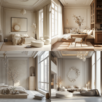 白色欧式卧室，精致雕花床，柔和光线，宽敞空间，古典壁画，优雅窗帘，细腻织物，温馨氛围。高分辨率，自然光，室内拍摄，长焦镜头，细节丰富，柔和色调，宁静安详。