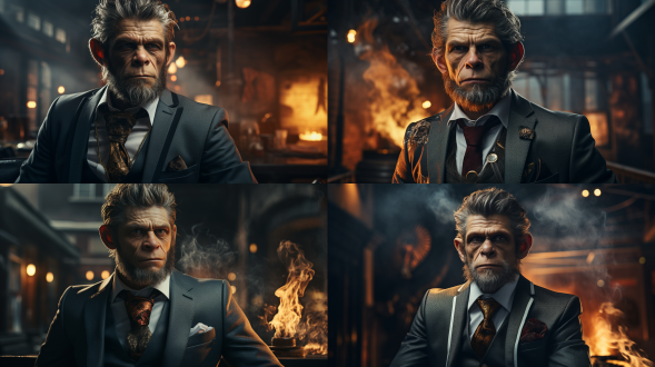 美猴王穿西装，优雅站立，西装剪裁合体，领带精致，面部表情自信，背景为现代都市，高分辨率，时尚风格，城市景观，标准镜头，自然光，静态，优雅，深色调，自信。