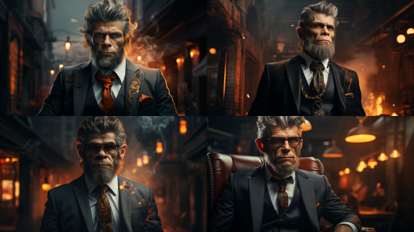 美猴王穿西装，优雅站立，西装剪裁合体，领带精致，面部表情自信，背景为现代都市，高分辨率，时尚风格，城市景观，标准镜头，自然光，静态，优雅，深色调，自信。