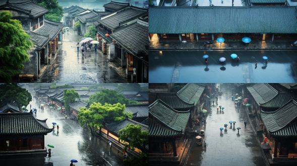 工笔徽派建筑，俯视图，游人穿行，阴雨天，蓝绿色调，细腻笔触，对称构图，古朴风格，青石板路，细雨蒙蒙，长焦镜头，柔和光线，静谧氛围，历史感。