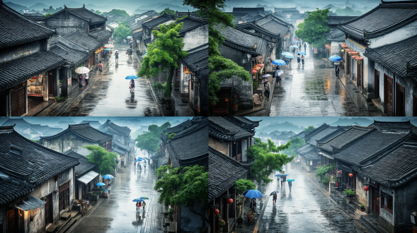 工笔徽派建筑，俯视图，游人穿行，阴雨天，蓝绿色调，细腻笔触，对称构图，古朴风格，青石板路，细雨蒙蒙，长焦镜头，柔和光线，静谧氛围，历史感。